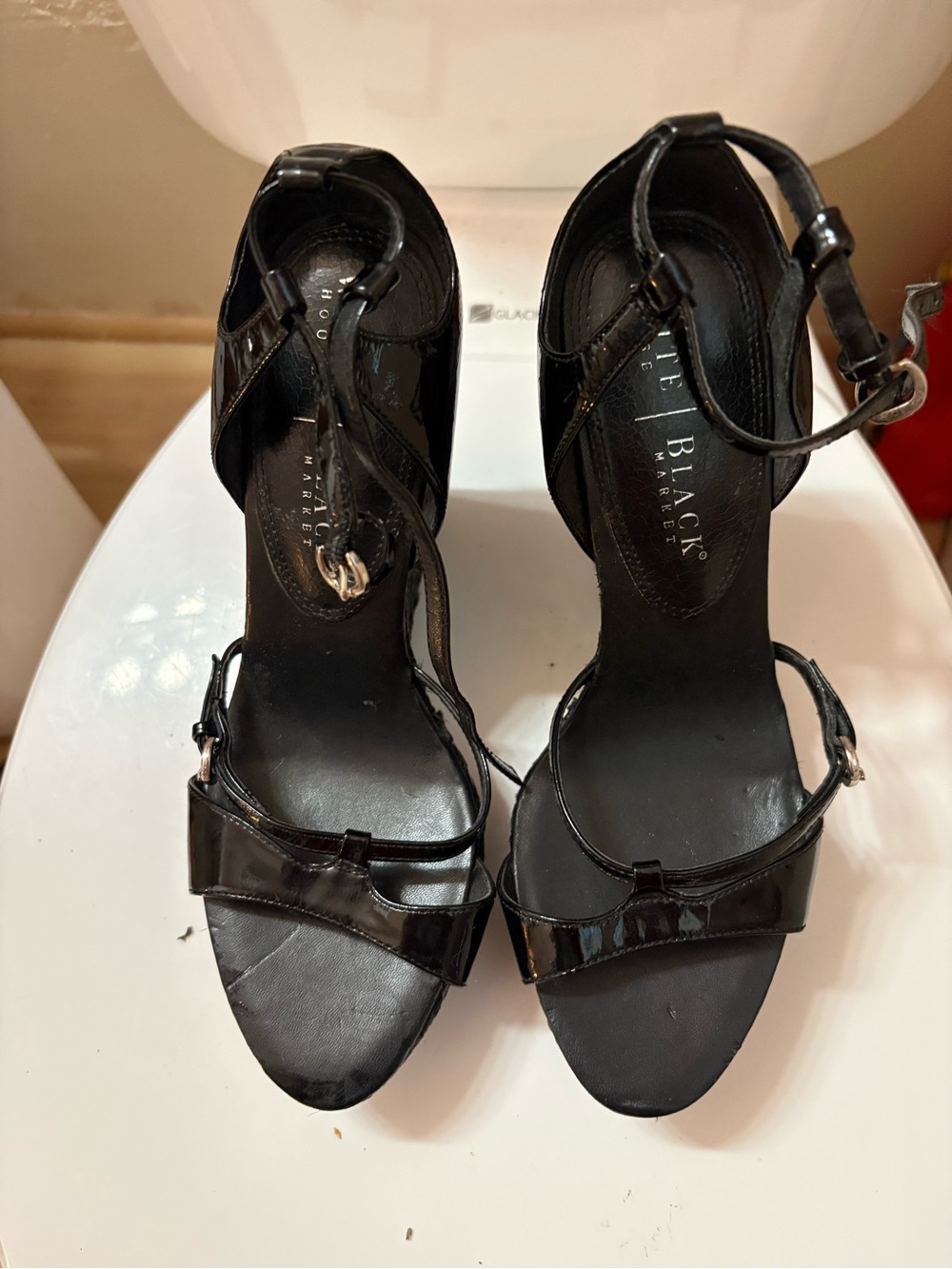 White House Black Market Black Patent Strappy Ankle-Heel Sandals